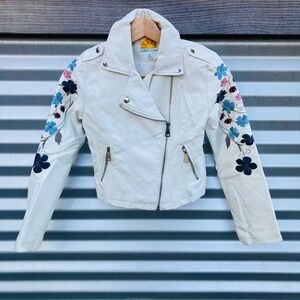 C&C California Girl's White Faux Vegan Leather Moto Jacket Embroidered Flowers